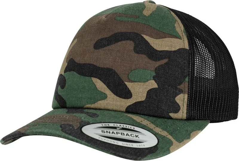 Flexfit 6606C/6606CA – 5 Panel Trucker Kappe "Camo" – Wood Camo/Black