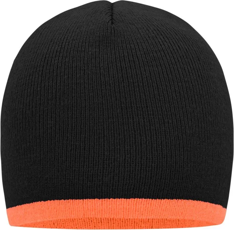 Myrtle Beach MB 7584 – Strick Beanie mit Kontraststreifen – Black/Orange