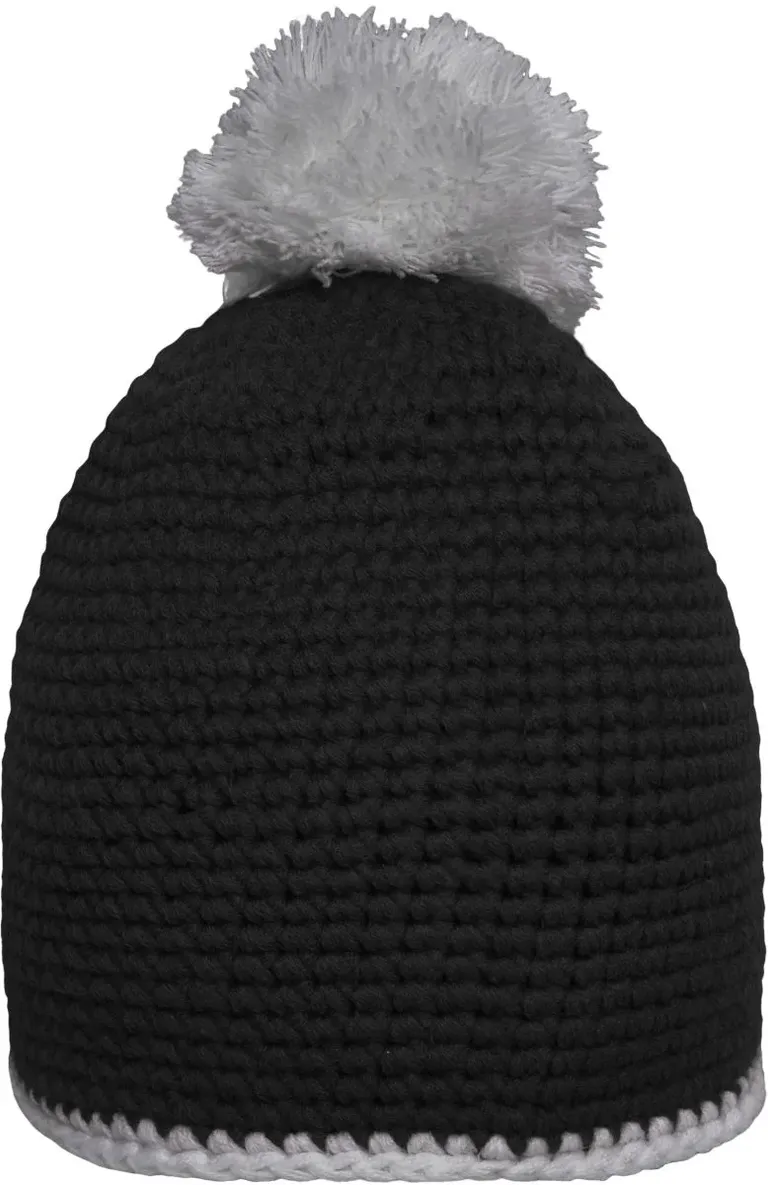 Myrtle Beach MB 7964 – Häkelmütze mit Kontrastrand und Pompon – Black/Light Grey