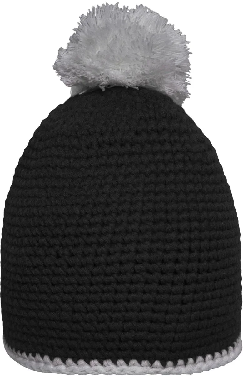 Myrtle Beach MB 7964 – Häkelmütze mit Kontrastrand und Pompon – Black/Light Grey