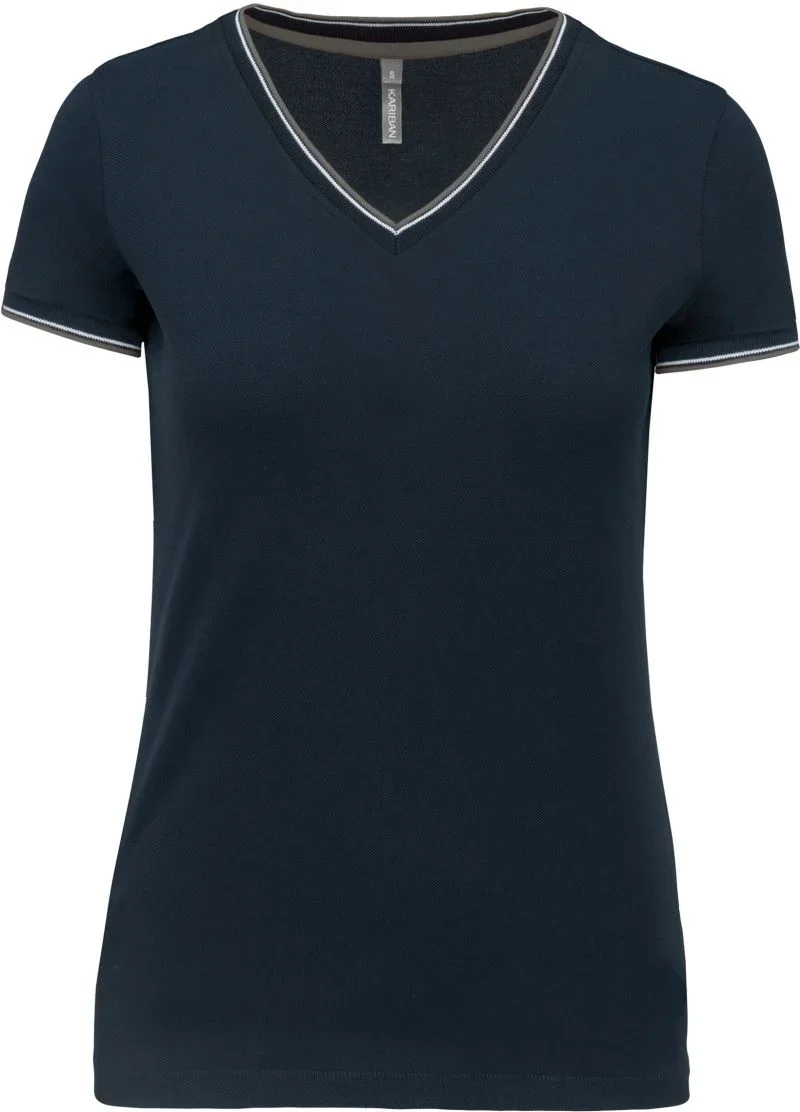 Kariban K 394 – Damen Piqué V-Ausschnitt T-Shirt – Navy/Light Grey/White