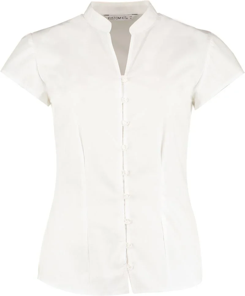 Kustom Kit KK 727 – Popeline Bluse mit Maokragen kurzarm – White
