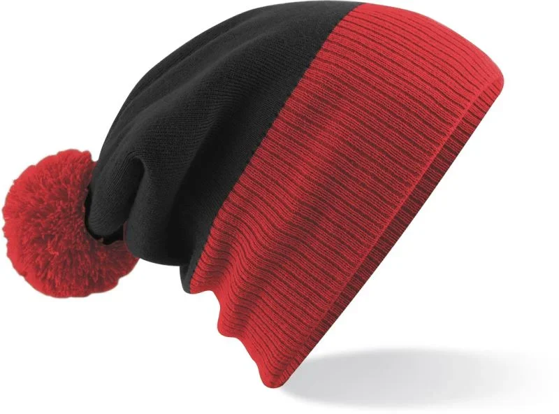 Beechfield B 451 – 2-farbige Strickmütze mit Pompon – Black/Bright Red