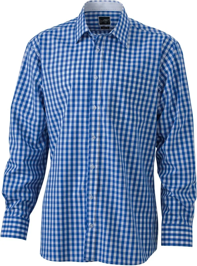 James & Nicholson JN 617 – Popeline Karo Hemd langarm – Royal/White