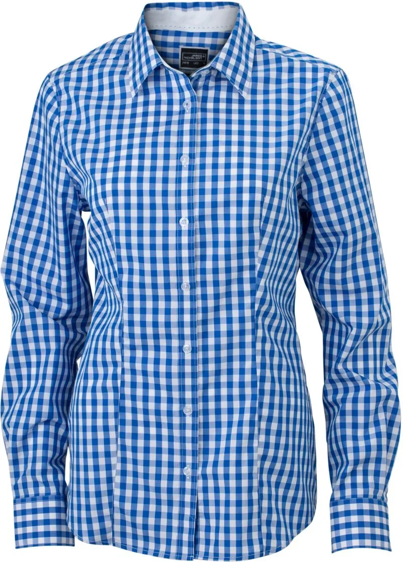 James & Nicholson JN 616 – Popeline Karo Bluse langarm – Royal/White
